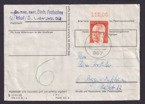 Berlin EF 160 Pfg. 396 Heinemann Paketkarte Hof n. Bergen Enkheim