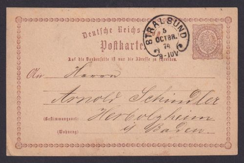 Deutsches Reich selt. Hufeisenstempel Stralsund nach Herbolzheim Brustschild