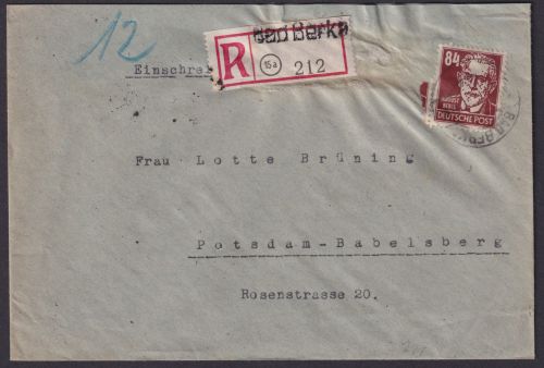SBZ 227 R Brief Bad Berka Thüringen EF Persönlichkeiten Not R-Zettel n. Potsdam
