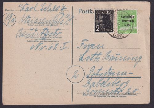 SBZ MIF aufdruck Postkarte Weissenfels Sachsen Anhalt n. Potsdam Babelsberg