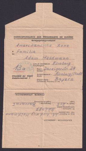 Kriegsgefangenenpost ab Baccarat Frankreich Depot 205 n. Nürnberg Amerikanische