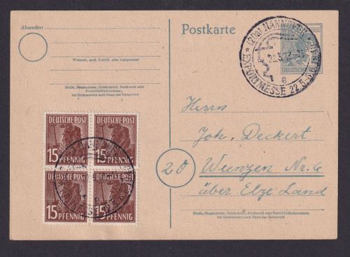 All. Besetzung Ganzsache Hannover n. Weenzen Viererblock SSt Exportmesse 1948