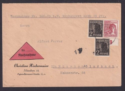 All. Besetzung Nachnahme Brief 956 MIF 60 Pfg. Unterrand München 1948