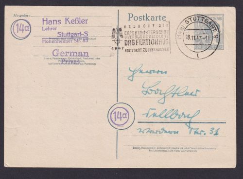 All. Besetzung Ganzsache int. MST Exportmusterschau Stuttgart n. Fellberg