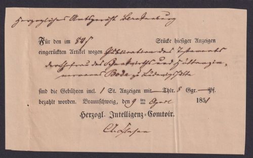 Altdeutschland Braunschweig Herzogliches Intelligenz Comtoir Quittung f. Anzeige