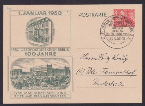 Berlin Ganzsache P 10 Bauten selt. SST Charlottenburg Kongress Freiheit Kat 45,-