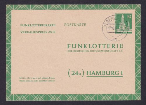 Berlin Ganzsache FP 5 b Funklotterie Berlin Hamburg 17.10.1957 KatWert 48,00