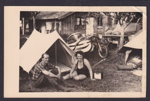 Privat Foto Ansichtskarte Camping campen Motorrad Oldtimer