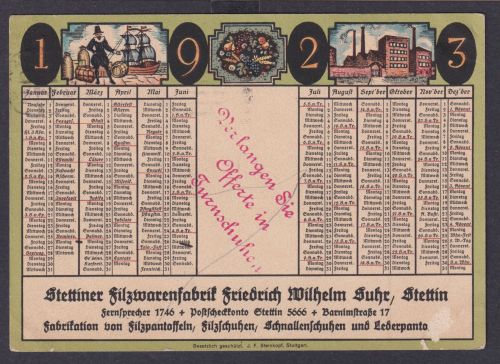 Stettin inter Infla Reklamekarte Neujahr 1923 Filzwarenfabrik Wilhelm Suhr Thale