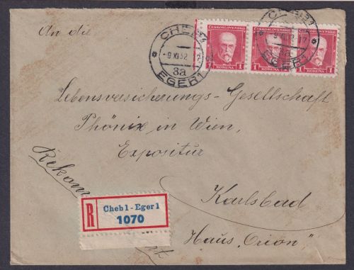 Tschechoslowakei R Brief MEF 1 k. Chebl - Eger nach Karlsbad Haus Orion
