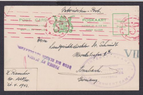 Kriegsgefangenen Interniertenpost Baviaansport Pretoria Südafrika NS-Zensur