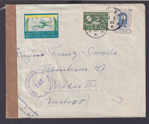 Schweden Zensur Brief n.Wien Österreich MIF plus Freiheits Vignette Cinderella