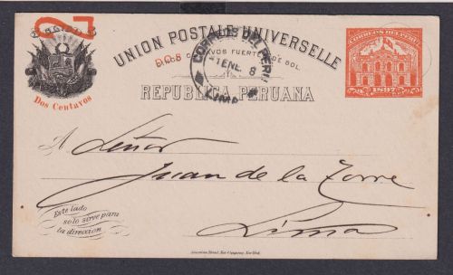 Peru Lima Südamerika Ganzsache 1897 mit Überdruck Dos und 2 Dos Centavos