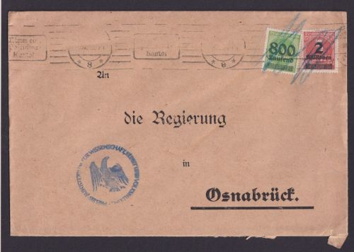 Deutsches Reich Infla Brief 305 + 312 MaschinenSt. Postscheck Osnabrück