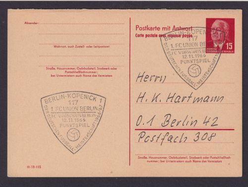 DDR Ganzsache mit Antwort Köpenick Berlin guter SST Sport Fußball 1 FC Union Berlin