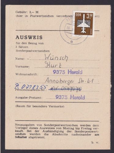DDR Herold frankierte Ausweiskarte mit EF 2868 3 Mark Flugpost