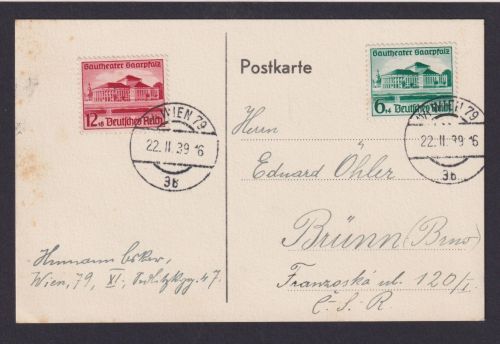 Deutsches Reich Österreich Ostmark Wien Postkarte Brünn Tschechien CSSR Sondertarif