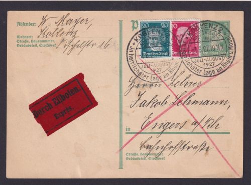 Deutsches Reich Eilboten Ganzsache Bedeutende Deutsche + gleicher ZUF Koblenz Engers