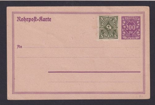 Deutsches Reich Ganzsache Rohrpostkarte Infla 200 Pfg. + ZuF aufgewertet 8 Mark