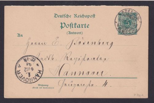 Deutsches Reich Dresden Ganzsache P 31 a A Antwort Hannover