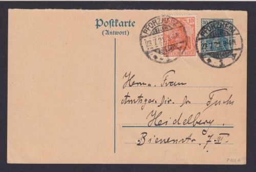 Deutsches Reich Pforzheim Antwort Ganzsache Germania plus ZUF Heidelberg