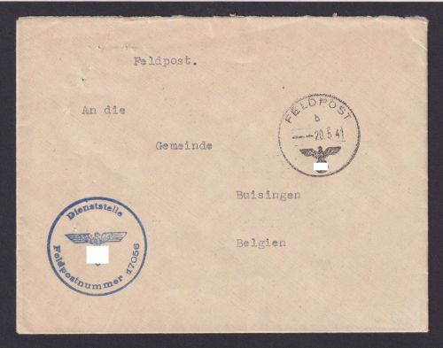 Deutsches Reich Feldpost Nr. 17056 nach Buisingen Belgien NS-Zeit II. Weltkrieg