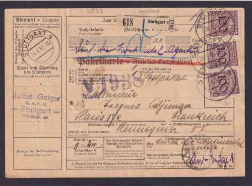 Deutsches Reich Infla MIF Korbdeckel Reichspräsidenten Stuttgart Paketkarte