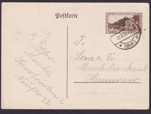 Briefmarken Saargbiet Ganzsache K2 Saarbrücken 2 Bahnhof n Hannover
