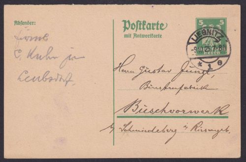 Deutsches Reich Frage Ganzsache Adler P 158 I F Liegnitz 9.10.1925