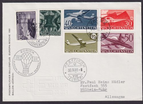 Briefmarken Liechtenstein Flugpost Ballon Vaduz + SST Zürich nach Mülheim Ruhr