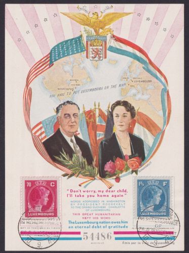 Luxemburg Gedenkblatt im Gedenken an Präsident Roosevelt USA 10.9.1945