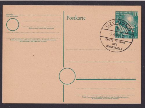 Bund Bonn Ganzsache SST Erste Sitzung Des Bundestages Ersttag FDC 7.9.1949