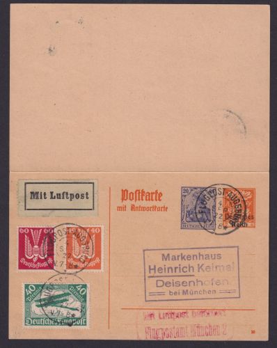 Deutsches Reich Augsburg Flugpost Ganzsache 2 WST Antwort Germania Holztaube