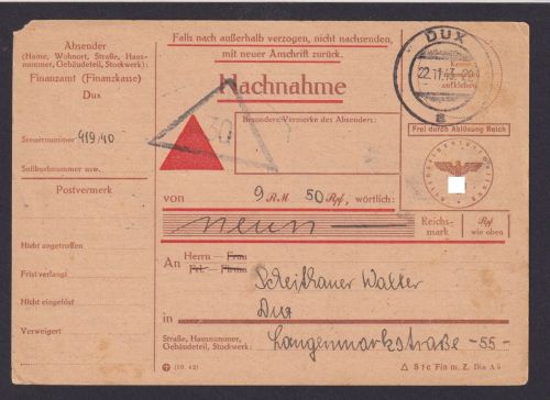 Dux Duchcov Tschechien Besetzung Sudetenland Deutsches Reich Nachnahme Paketkart