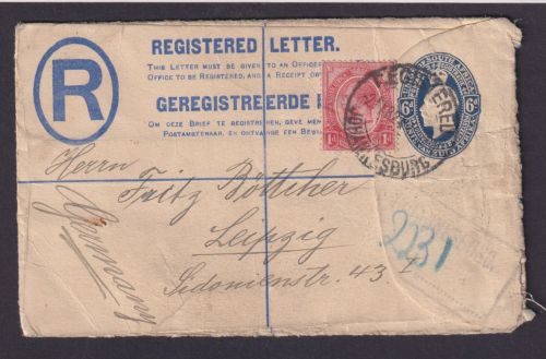 Johannisburg Südafrika Ganzsache plus ZuF Registered Letter Leipzig