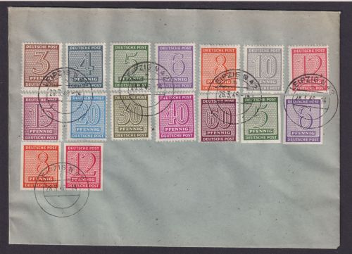 SBZ Ziffern 116-119 + 126-137 dekor. Satzbrief Leipzig Kat-Wert billigst 90,00