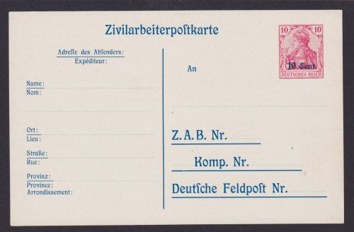 Besetzung 1914-18 Ganzsache Etappengebiet West Zivilarbeiterpostkarte P 9 Kat.26