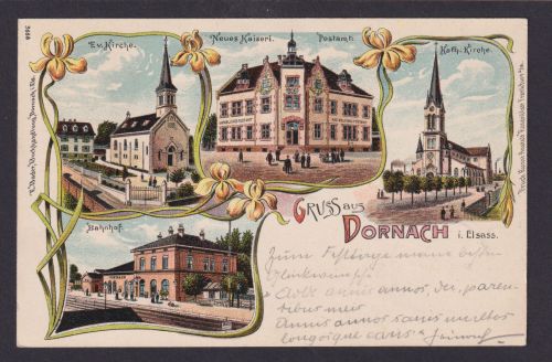 Jugendstil Art Nouveau Litho Ansichtskarte Dornach Elsass Wiesbaden Hessen