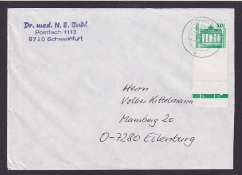DDR Brief EF 3346 Bauwerke mit gezähntem Leerfeld Schweinfurt Bayern Eilenburg