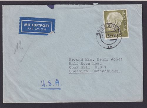 Bund Essen Brief EF 194 1 Mark Heuss Luftpost Destination Cheshire Connecticut USA