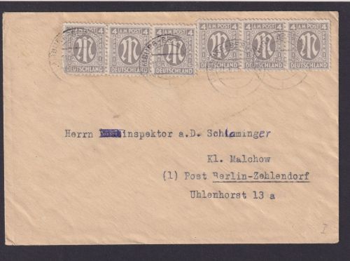 AM Post Bizone Brief MEF 2 zwei Dreierstreifen Hamburg Bergedorf Block Berlin