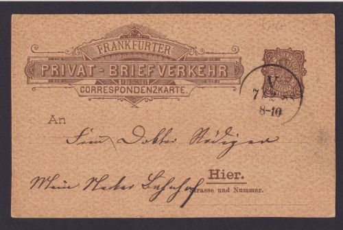 Stadtpost Privatpost Ganzsache 2 Pfennig Frankfurt 07.02.1888