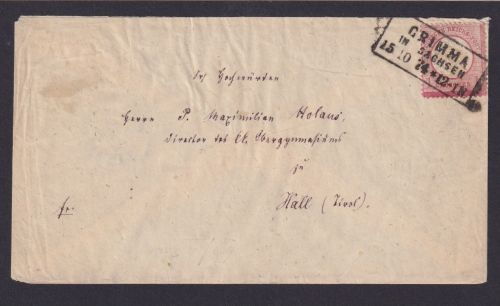 Deutsches Reich Brief EF Brustschild 19 R3 Grimma Sachsen Hall Tirol Österreich