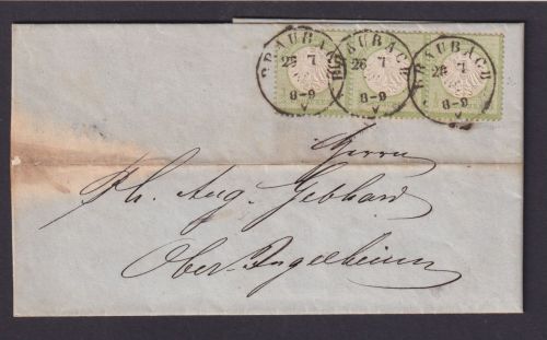Deutsches Reich Brief MEF 2 1/3 Gr. Brustschild Dreierstreifen Braubach 350,00++