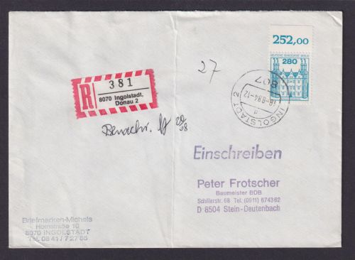 Berlin R Brief EF 676 Burgen & Schlösser Oberrand aus Bogen Ingoldstadt Kat 90,-