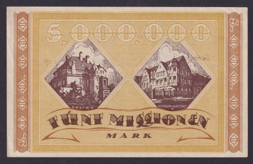 Banknote Geldschein Hattingen Ruhr 5 Mio Henschel Henrichshütte gute Erhg. kfr.