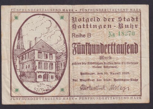 Banknote Geldschein Hattingen Ruhr 500 Tausend gefaltet
