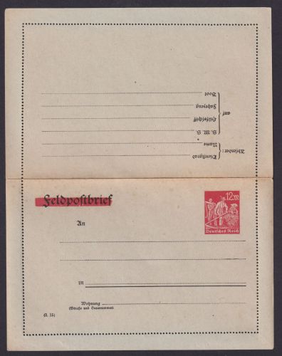 Deutsches Reich Infla Privatganzsache Feldpost durchbalkt PK 36 12 Mark Arbeiter