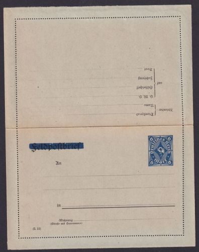 Deutsches Reich Infla Privatganzsache Feldpost durchbalkt PK 31 6 Mark Posthorn