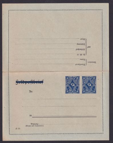 Deutsches Reich Infla Aufbrauch Privatganzsache Feldpost durchbalkt PK 33 6+6 M.